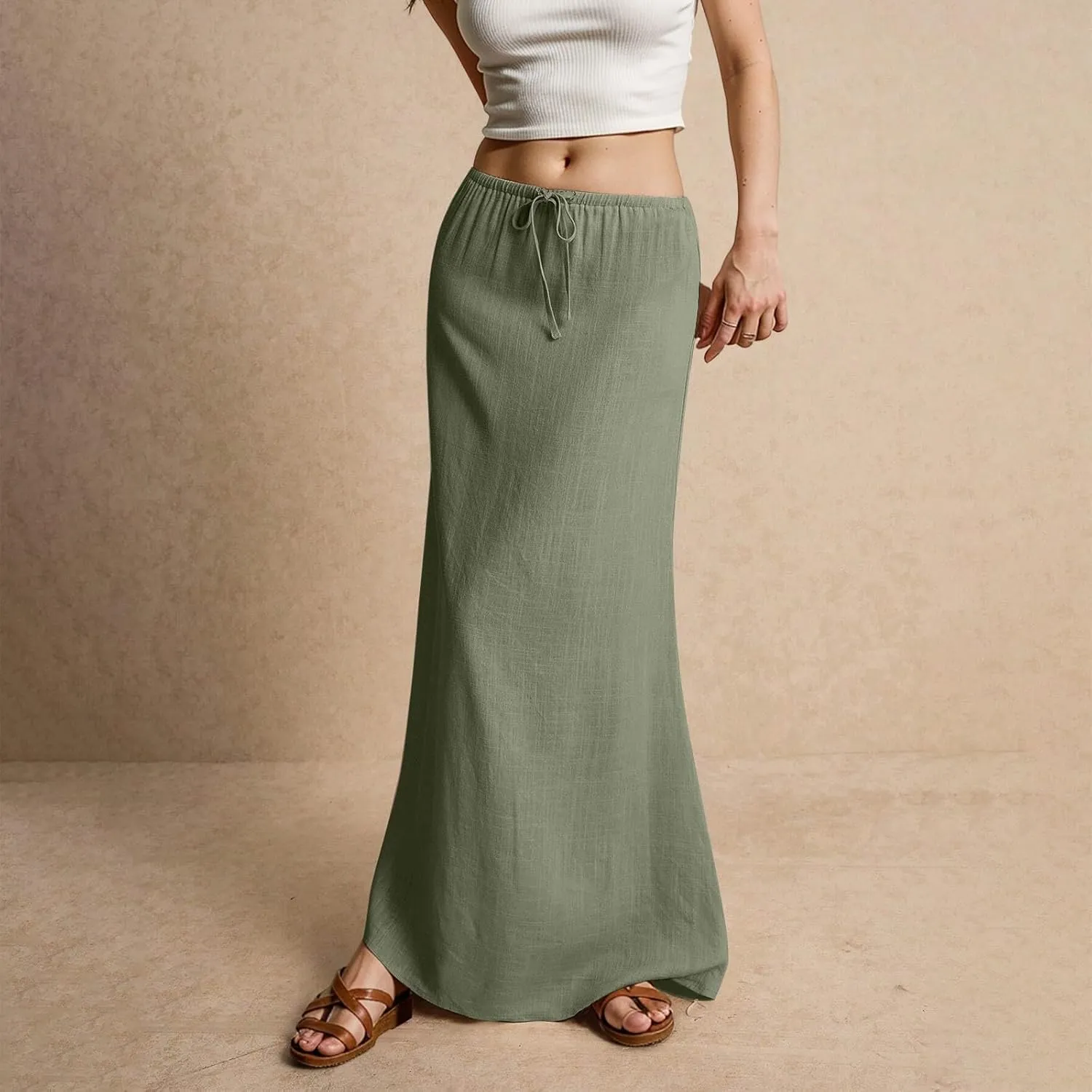 Long Skirts Trendy Plain Summer Maxi Skirt Drawstring Elastic Waist Casual Low Waist Skirts