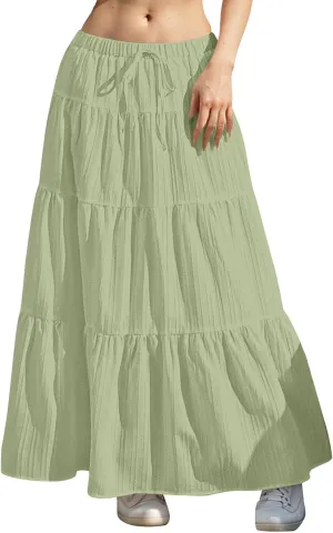 Maxi Skirt for Women 2025 Vacation Boho Flowy Swing Tiered A-Line Maxi Skirts Elastic Waist Pleated Long Beach Dress