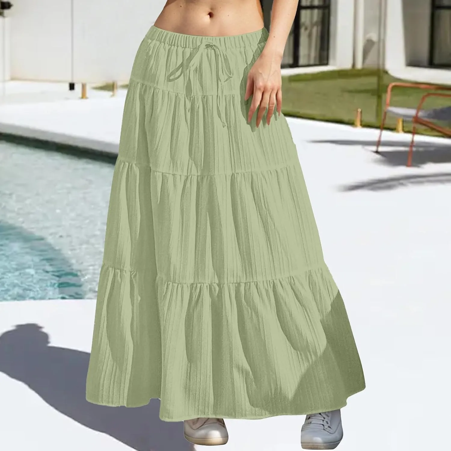 Maxi Skirt for Women 2025 Vacation Boho Flowy Swing Tiered A-Line Maxi Skirts Elastic Waist Pleated Long Beach Dress