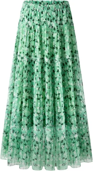 Maxi Skirts for Women Pleated Long Flowy Chiffon Elastic Waist Tiered A Line Skirt