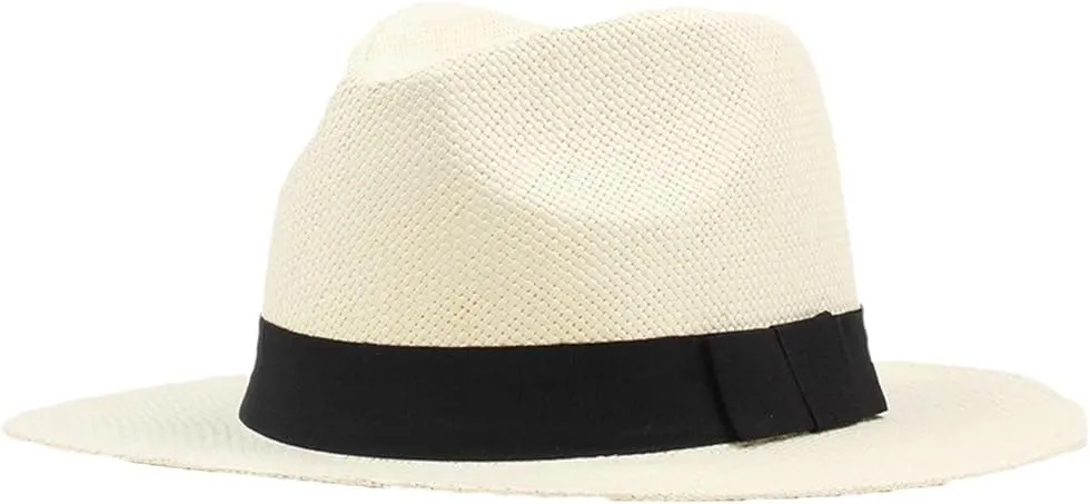Men and Women Summer Beach Hat with Black Band Straw Hat Flat Brim Fedoras Panama Sun Hat