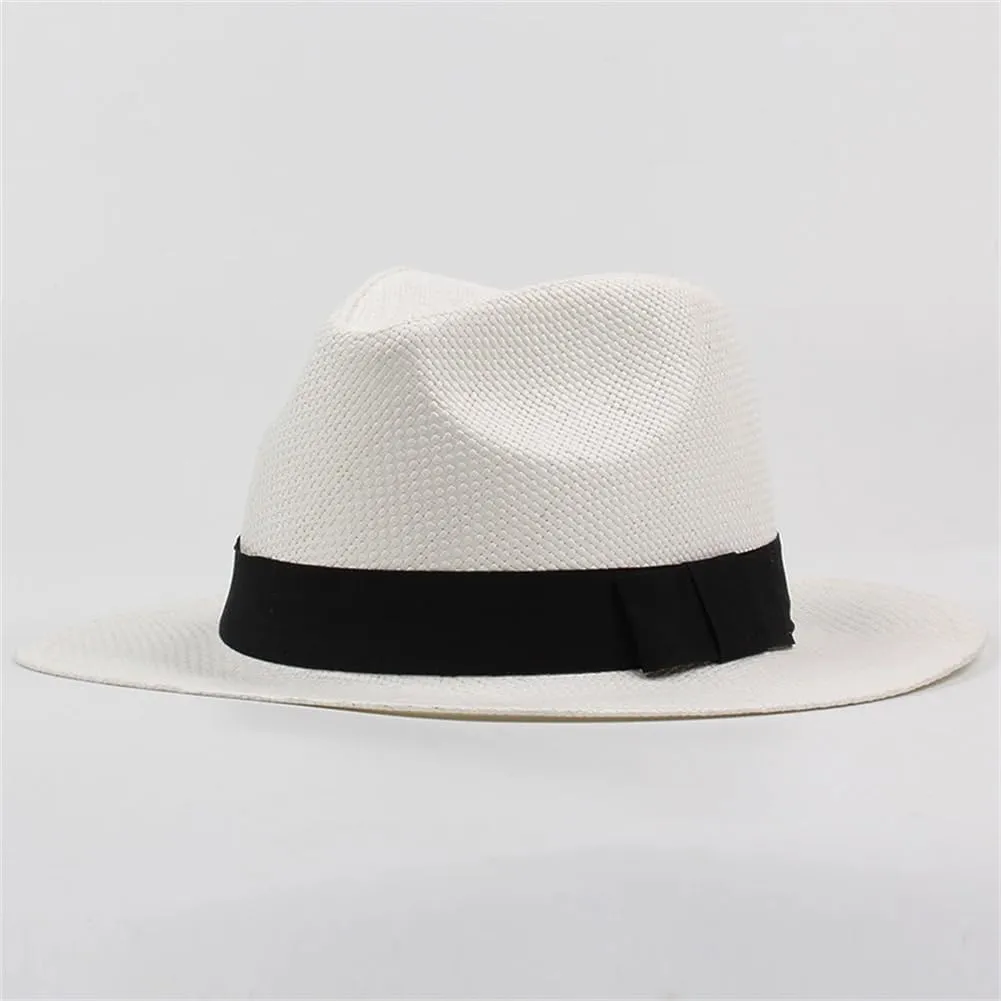 Men and Women Summer Beach Hat with Black Band Straw Hat Flat Brim Fedoras Panama Sun Hat