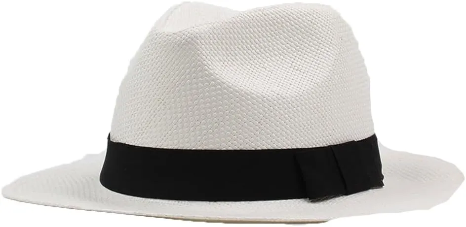 Men and Women Summer Beach Hat with Black Band Straw Hat Flat Brim Fedoras Panama Sun Hat