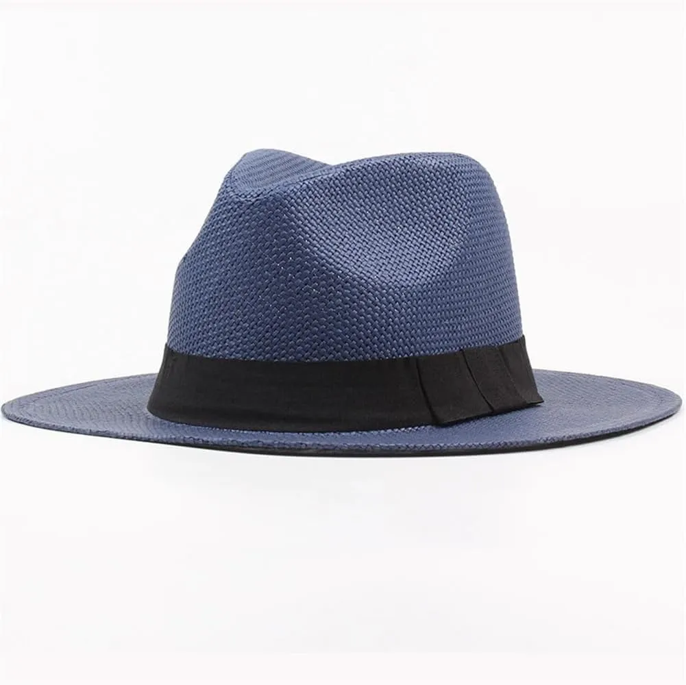 Men and Women Summer Beach Hat with Black Band Straw Hat Flat Brim Fedoras Panama Sun Hat
