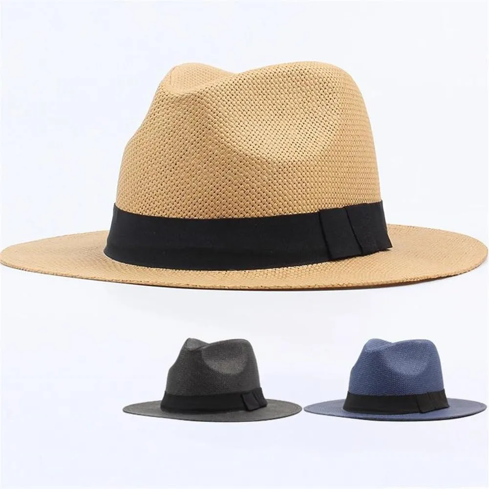 Men and Women Summer Beach Hat with Black Band Straw Hat Flat Brim Fedoras Panama Sun Hat