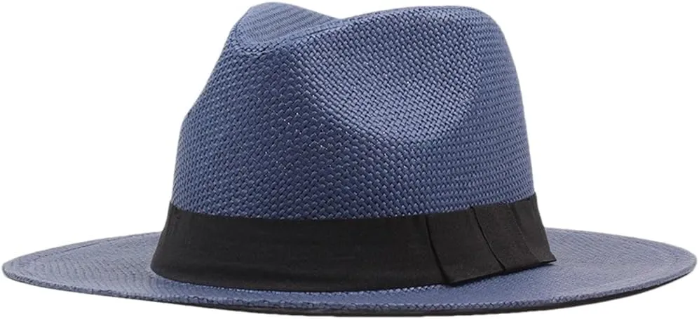 Men and Women Summer Beach Hat with Black Band Straw Hat Flat Brim Fedoras Panama Sun Hat