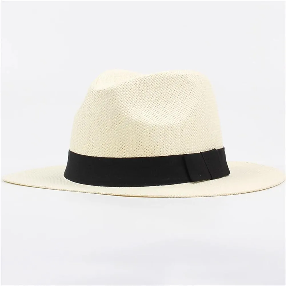 Men and Women Summer Beach Hat with Black Band Straw Hat Flat Brim Fedoras Panama Sun Hat