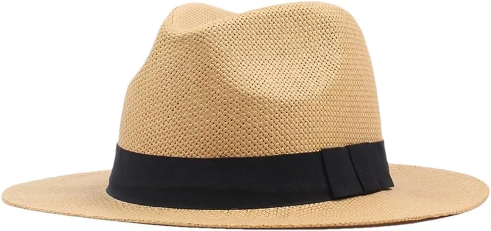 Men and Women Summer Beach Hat with Black Band Straw Hat Flat Brim Fedoras Panama Sun Hat