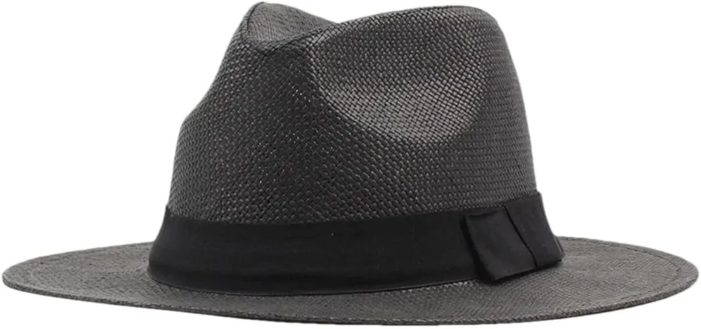 Men and Women Summer Beach Hat with Black Band Straw Hat Flat Brim Fedoras Panama Sun Hat
