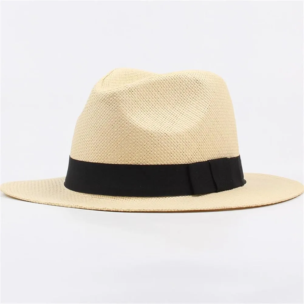 Men and Women Summer Beach Hat with Black Band Straw Hat Flat Brim Fedoras Panama Sun Hat