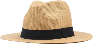 Men and Women Summer Beach Hat with Black Band Straw Hat Flat Brim Fedoras Panama Sun Hat