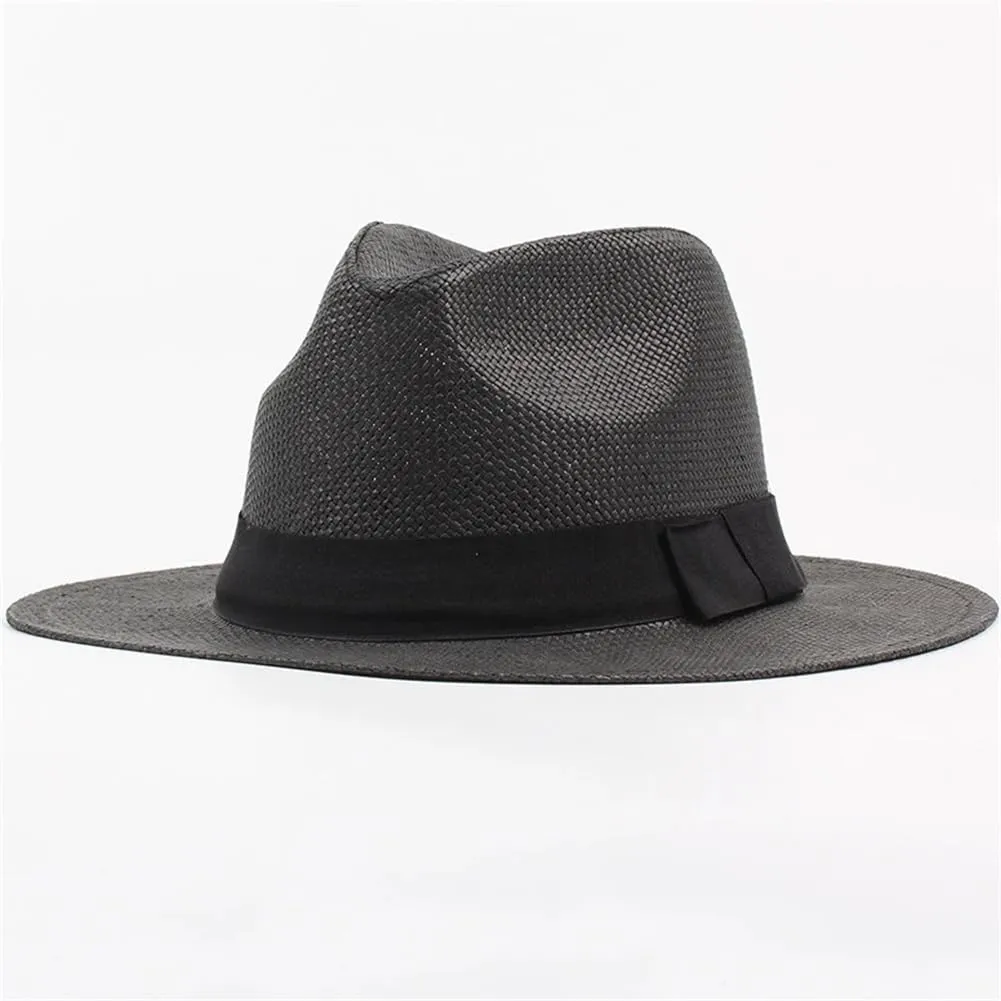 Men and Women Summer Beach Hat with Black Band Straw Hat Flat Brim Fedoras Panama Sun Hat