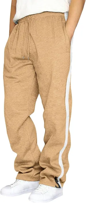 Men's Baggy Sweatpants Trendy Side Stripe Drawstring Athletic Pants Plus Size Wide Leg Lounge Long Pants with Pockets