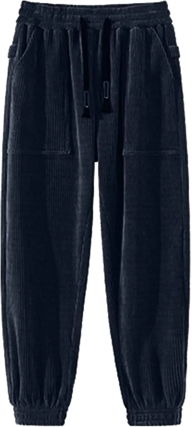 Mens Corduroy Casual Pants Expandable Waist Straight Sweatpants for Men Big and Tall Wide Leg Baggy Pants with Drawstrings