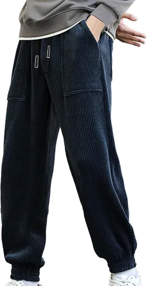 Mens Corduroy Casual Pants Expandable Waist Straight Sweatpants for Men Big and Tall Wide Leg Baggy Pants with Drawstrings