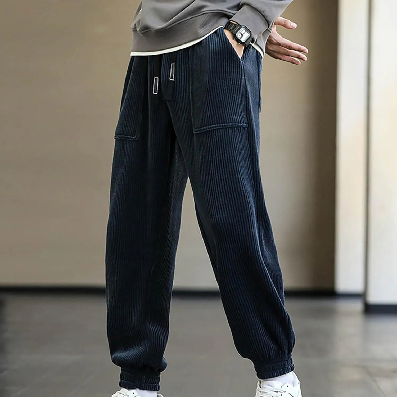 Mens Corduroy Casual Pants Expandable Waist Straight Sweatpants for Men Big and Tall Wide Leg Baggy Pants with Drawstrings