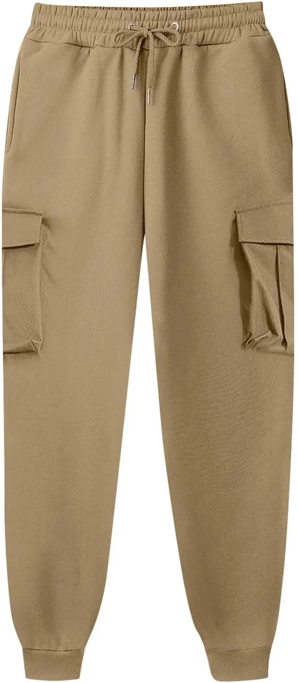 Men's Drawstring Cargo Sweatpants Open Bottom Fleece Athletic Hiking Jogger Cargo Sweatpants for Men with Pockets