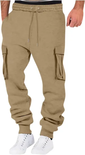 Men's Drawstring Cargo Sweatpants Open Bottom Fleece Athletic Hiking Jogger Cargo Sweatpants for Men with Pockets
