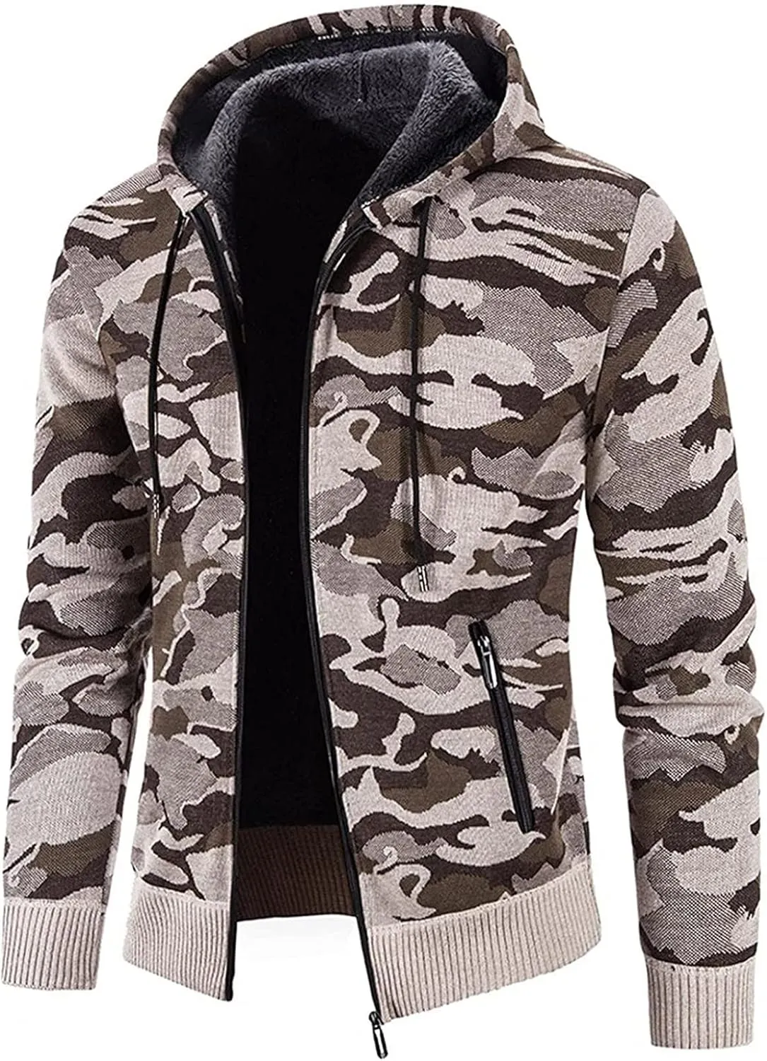 Mens Fleece Lined Hoodie Fashion Long Sleeve Warm Camouflage Printed Hooded Jacket Top