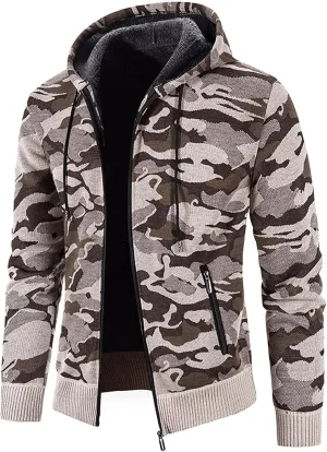 Mens Fleece Lined Hoodie Fashion Long Sleeve Warm Camouflage Printed Hooded Jacket Top