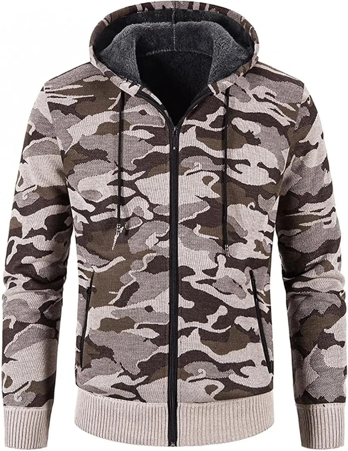 Mens Fleece Lined Hoodie Fashion Long Sleeve Warm Camouflage Printed Hooded Jacket Top