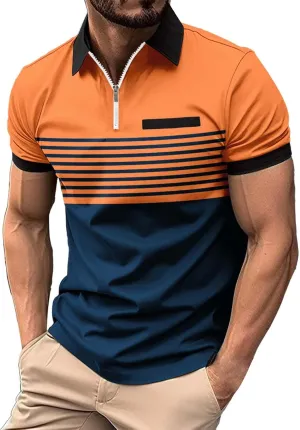 Men's Polos Athletic Fit Activewear Short Sleeve Casual Quarter-Zip Striped Color Block Outdoor Sport Golf Tennis T-Shirts