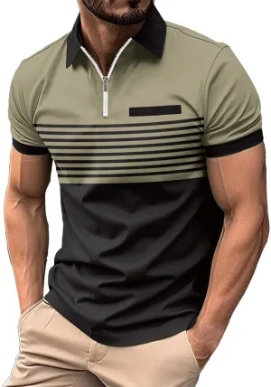 Men's Polos Athletic Fit Activewear Short Sleeve Casual Quarter-Zip Striped Color Block Outdoor Sport Golf Tennis T-Shirts