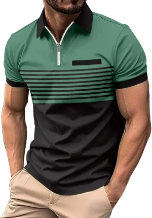 Men's Polos Athletic Fit Activewear Short Sleeve Casual Quarter-Zip Striped Color Block Outdoor Sport Golf Tennis T-Shirts