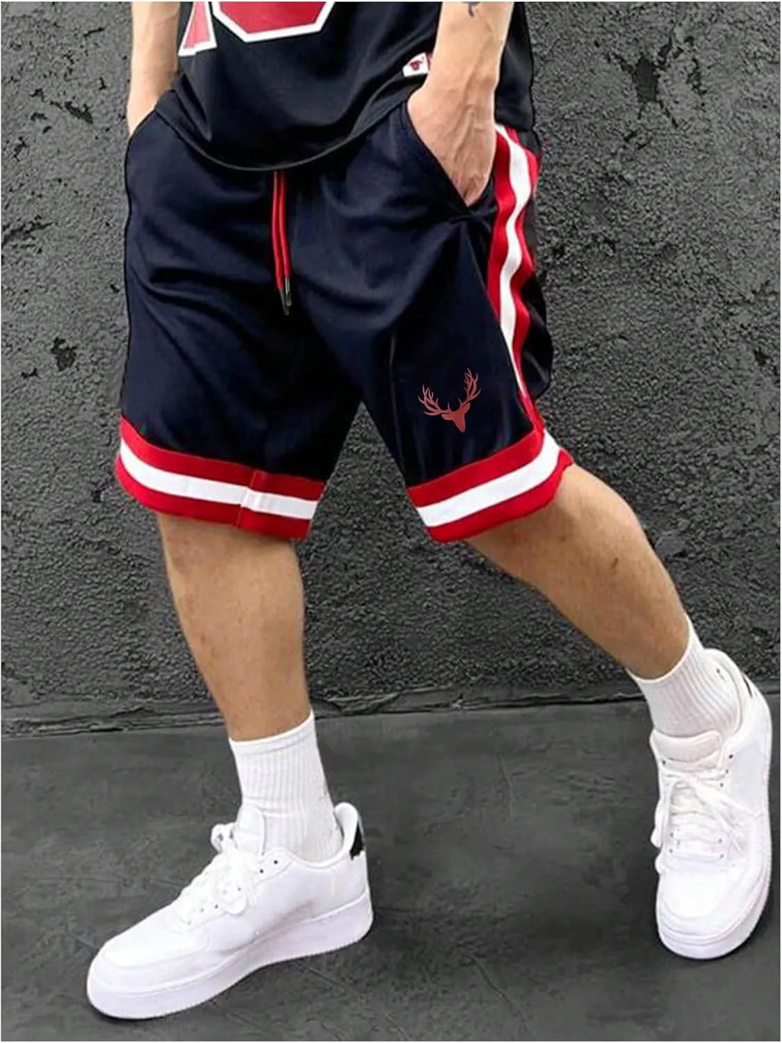 Men's Striped Patchwork Workout Shorts Drawstring Waist Quick Dry Gym Shorts