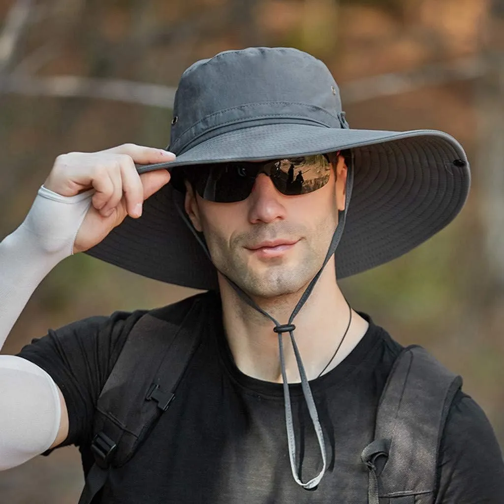 Mens Wide Brim Bucket Hats Foldable Cotton Fisherman Cap with String Solid Colors Summer Travel Sun Hats