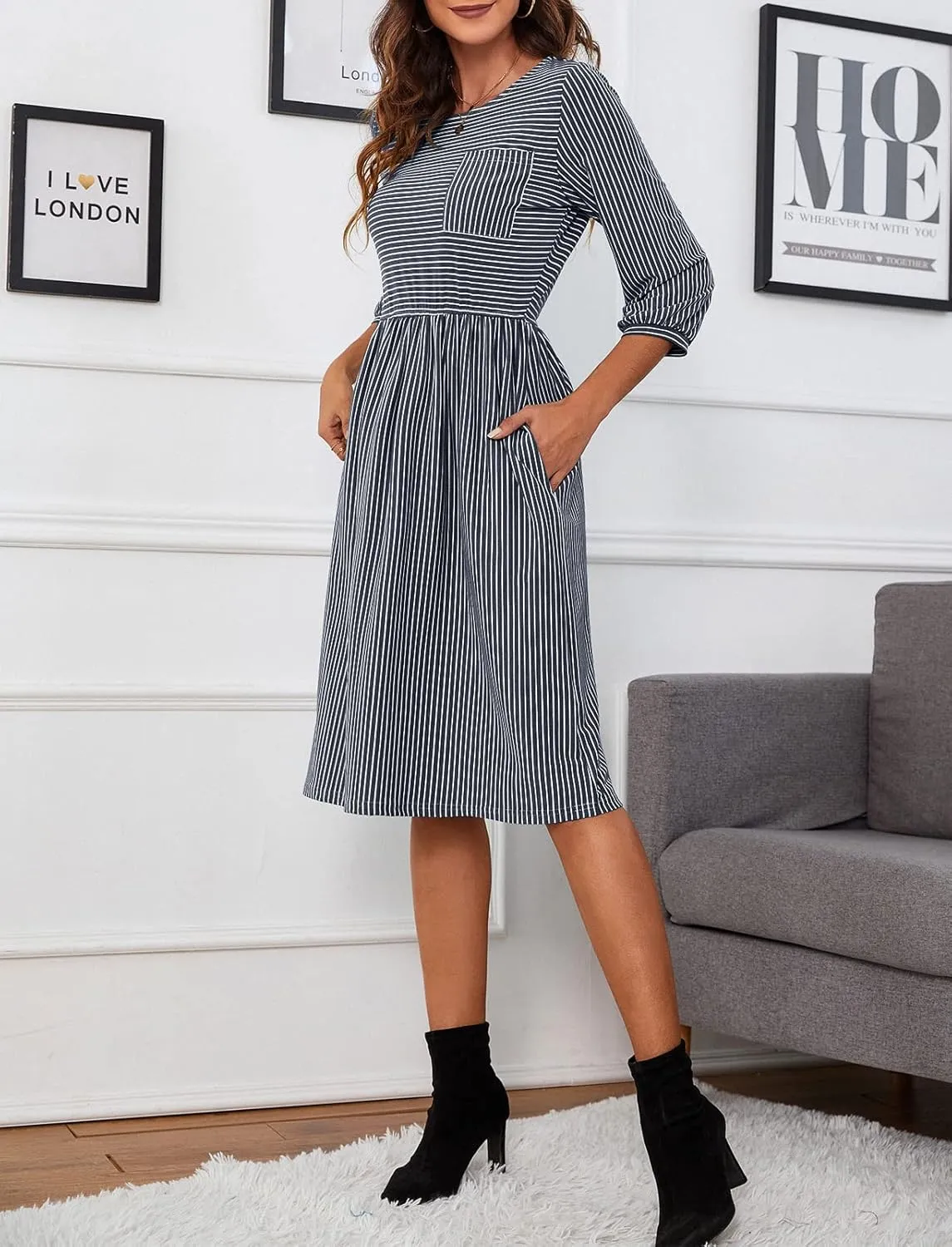 MEROKEETY Women's 3/4 Balloon Sleeve Striped High Waist T Shirt Midi Dress with Pockets