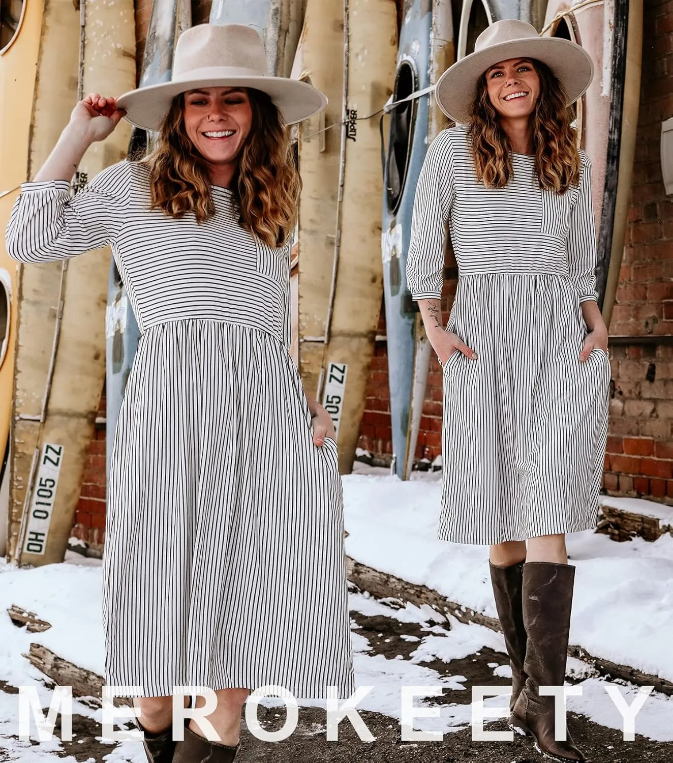 MEROKEETY Women's 3/4 Balloon Sleeve Striped High Waist T Shirt Midi Dress with Pockets