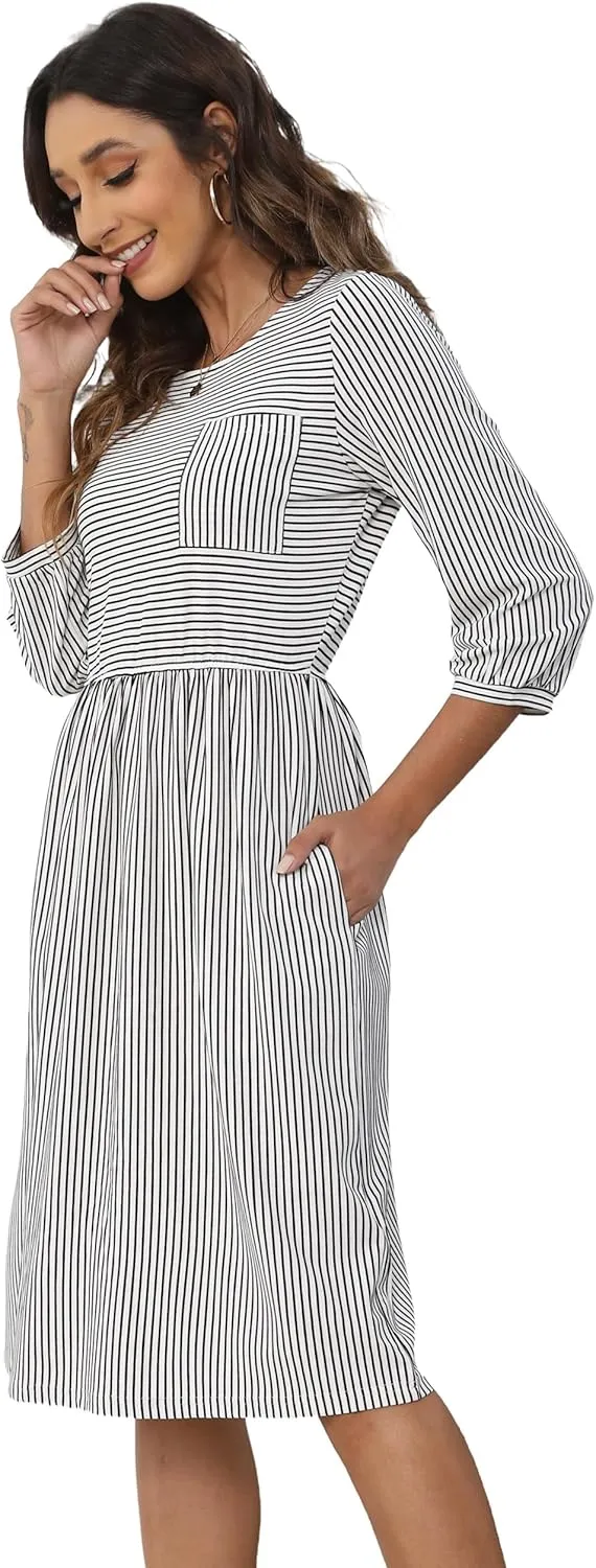 MEROKEETY Women's 3/4 Balloon Sleeve Striped High Waist T Shirt Midi Dress with Pockets