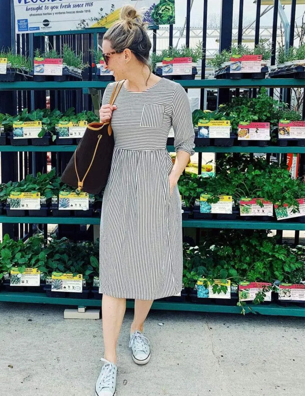 MEROKEETY Women's 3/4 Balloon Sleeve Striped High Waist T Shirt Midi Dress with Pockets