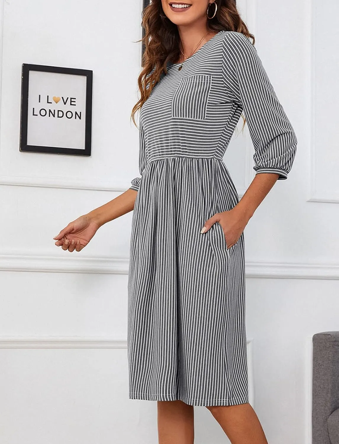 MEROKEETY Women's 3/4 Balloon Sleeve Striped High Waist T Shirt Midi Dress with Pockets