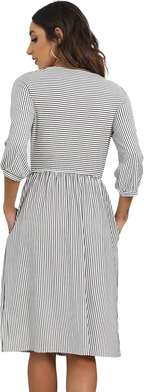 MEROKEETY Women's 3/4 Balloon Sleeve Striped High Waist T Shirt Midi Dress with Pockets