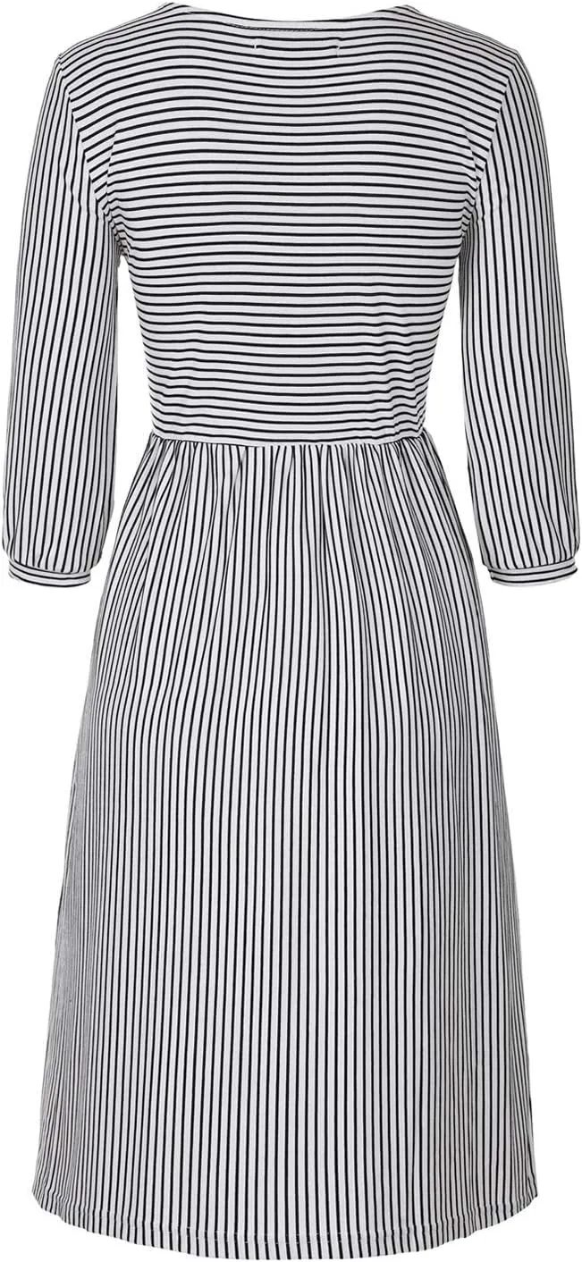 MEROKEETY Women's 3/4 Balloon Sleeve Striped High Waist T Shirt Midi Dress with Pockets