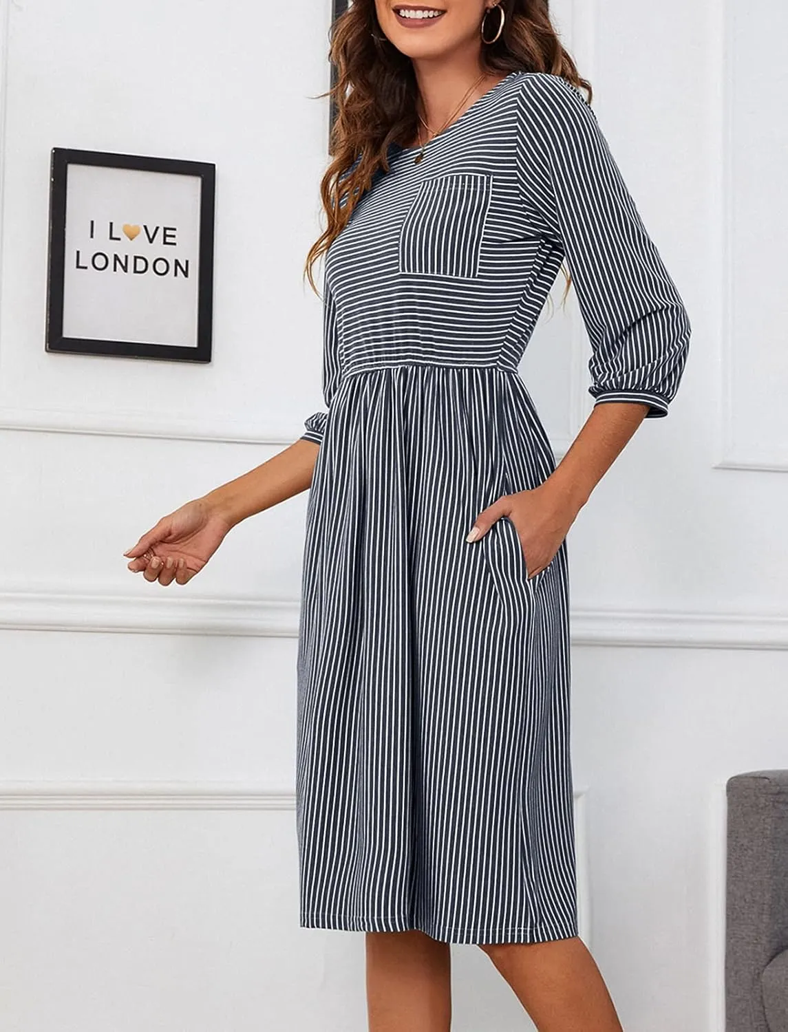 MEROKEETY Women's 3/4 Balloon Sleeve Striped High Waist T Shirt Midi Dress with Pockets