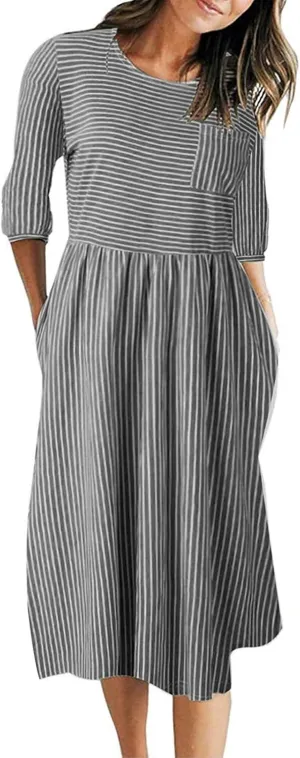 MEROKEETY Women's 3/4 Balloon Sleeve Striped High Waist T Shirt Midi Dress with Pockets
