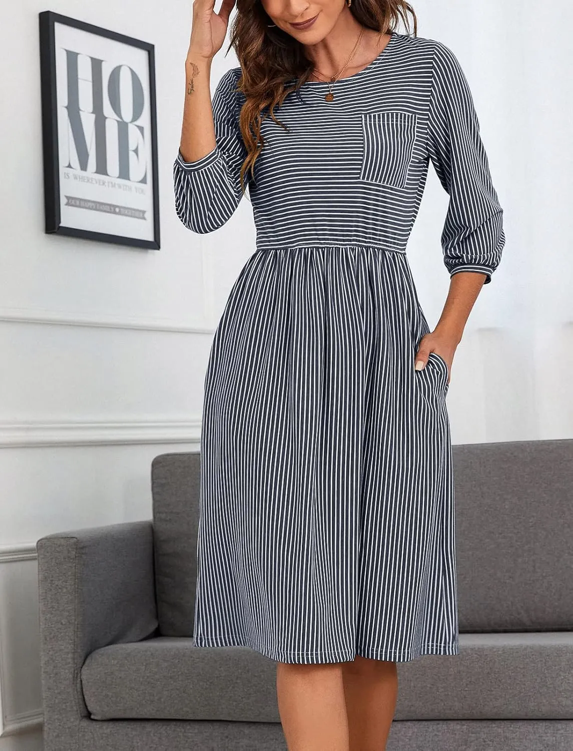 MEROKEETY Women's 3/4 Balloon Sleeve Striped High Waist T Shirt Midi Dress with Pockets