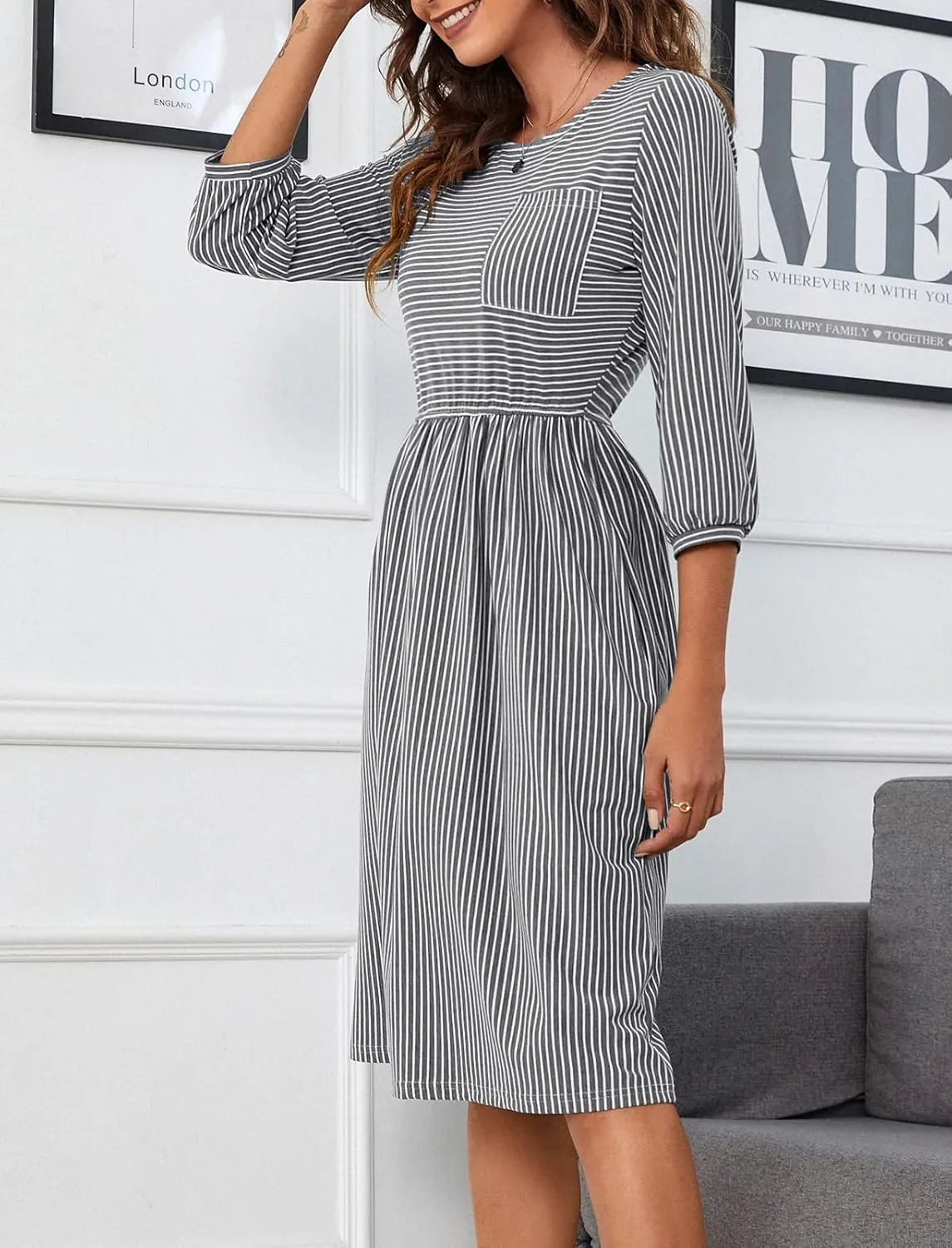 MEROKEETY Women's 3/4 Balloon Sleeve Striped High Waist T Shirt Midi Dress with Pockets
