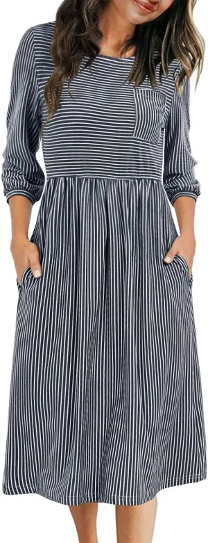 MEROKEETY Women's 3/4 Balloon Sleeve Striped High Waist T Shirt Midi Dress with Pockets