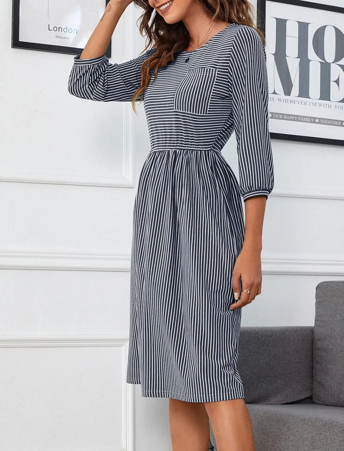 MEROKEETY Women's 3/4 Balloon Sleeve Striped High Waist T Shirt Midi Dress with Pockets