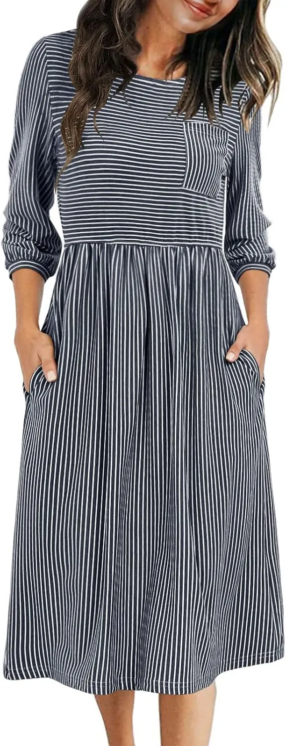 MEROKEETY Women's 3/4 Balloon Sleeve Striped High Waist T Shirt Midi Dress with Pockets