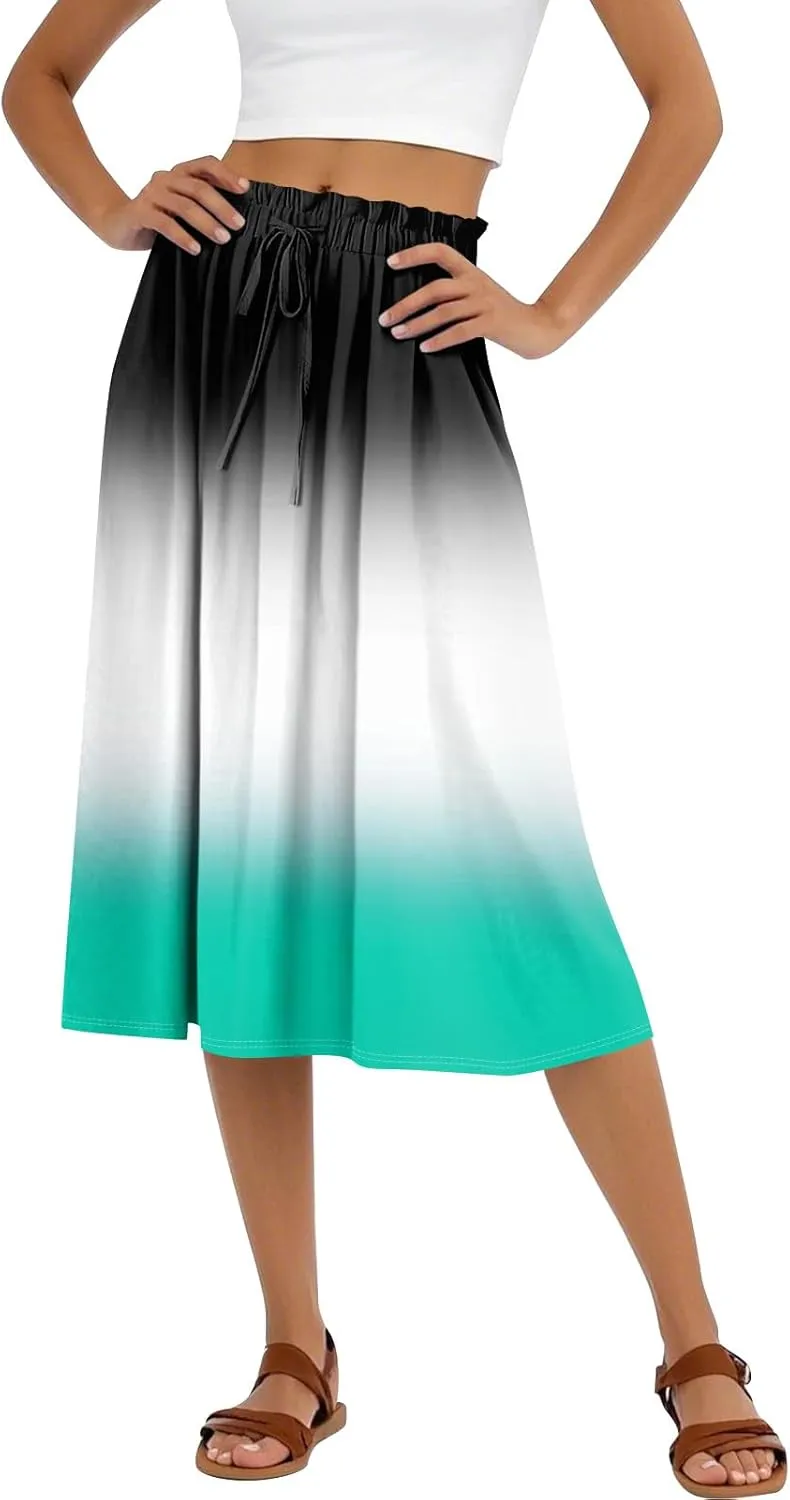 Midi Boho Floral Skirts for Women Trendy Drawstring High Elastic Waist Comfy Flowy A Line Skirt Skorts