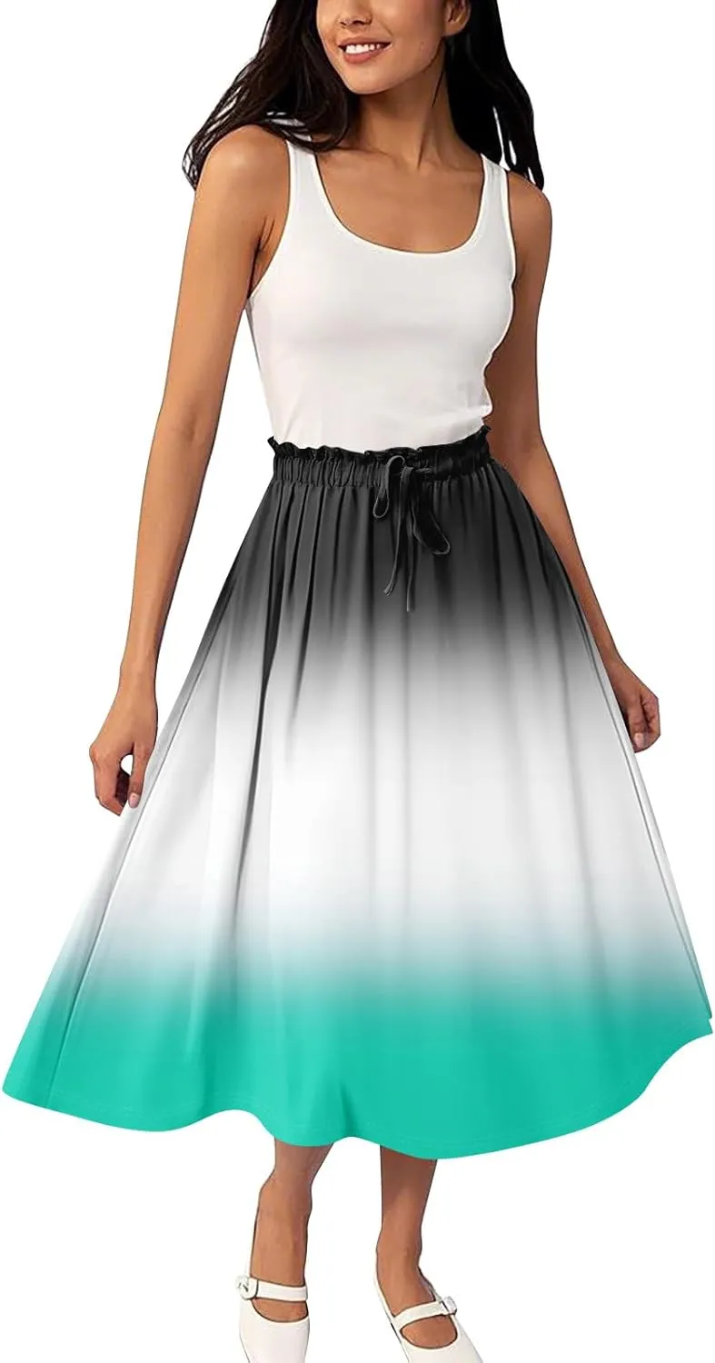Midi Boho Floral Skirts for Women Trendy Drawstring High Elastic Waist Comfy Flowy A Line Skirt Skorts