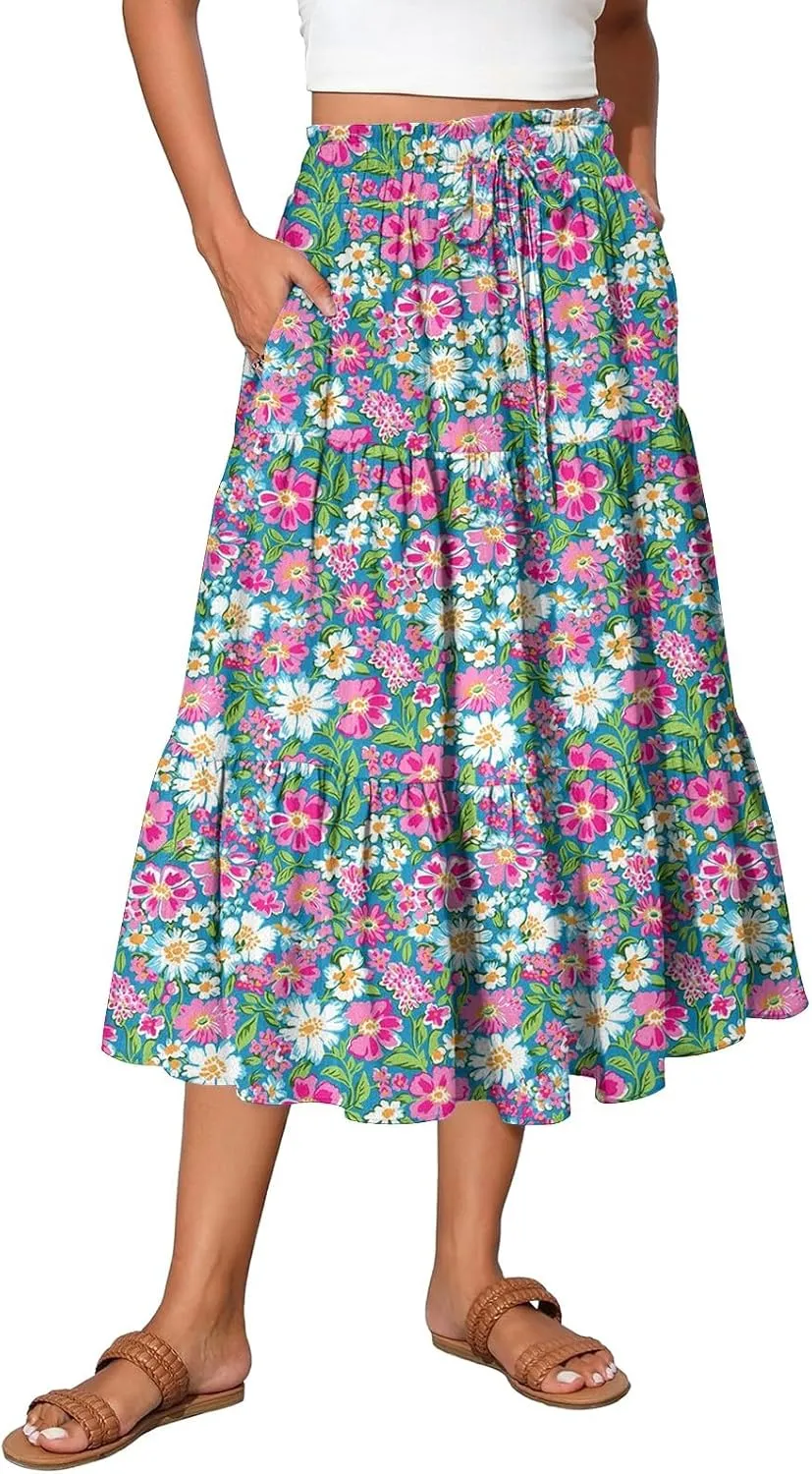 Midi Boho Floral Skirts for Women Trendy Tiered A Line Skirt Drawstring High Elastic Waist Comfy Flowy Skorts with Pockets