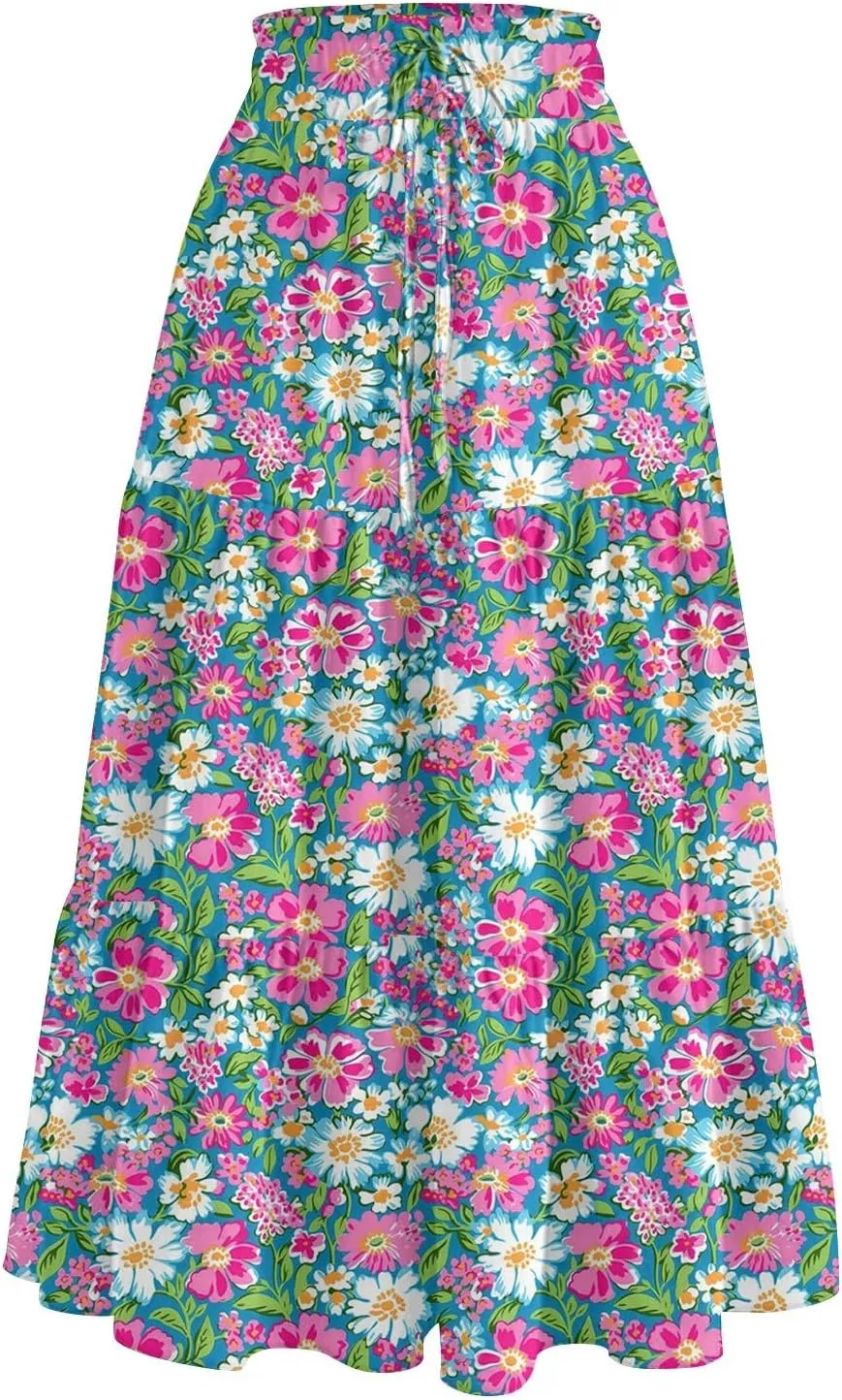 Midi Boho Floral Skirts for Women Trendy Tiered A Line Skirt Drawstring High Elastic Waist Comfy Flowy Skorts with Pockets