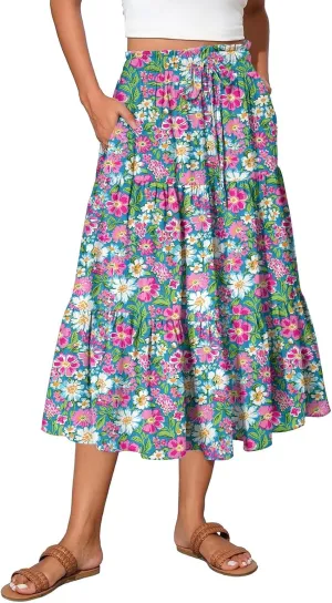Midi Boho Floral Skirts for Women Trendy Tiered A Line Skirt Drawstring High Elastic Waist Comfy Flowy Skorts with Pockets