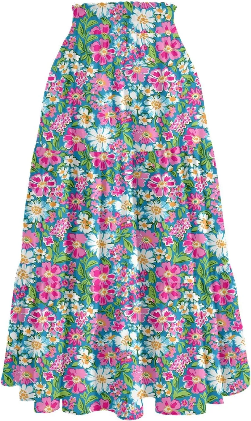Midi Boho Floral Skirts for Women Trendy Tiered A Line Skirt Drawstring High Elastic Waist Comfy Flowy Skorts with Pockets